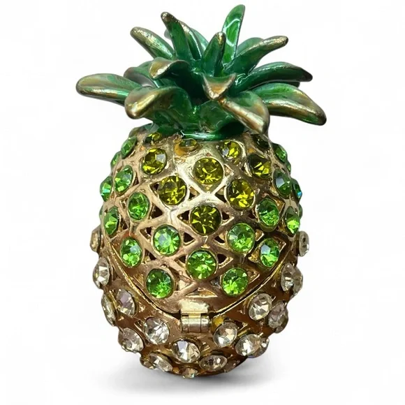 Hawaiian Pineapple Trinket Box Rhinestone Enameled Magnetic Closure Green - Picture 3 of 11